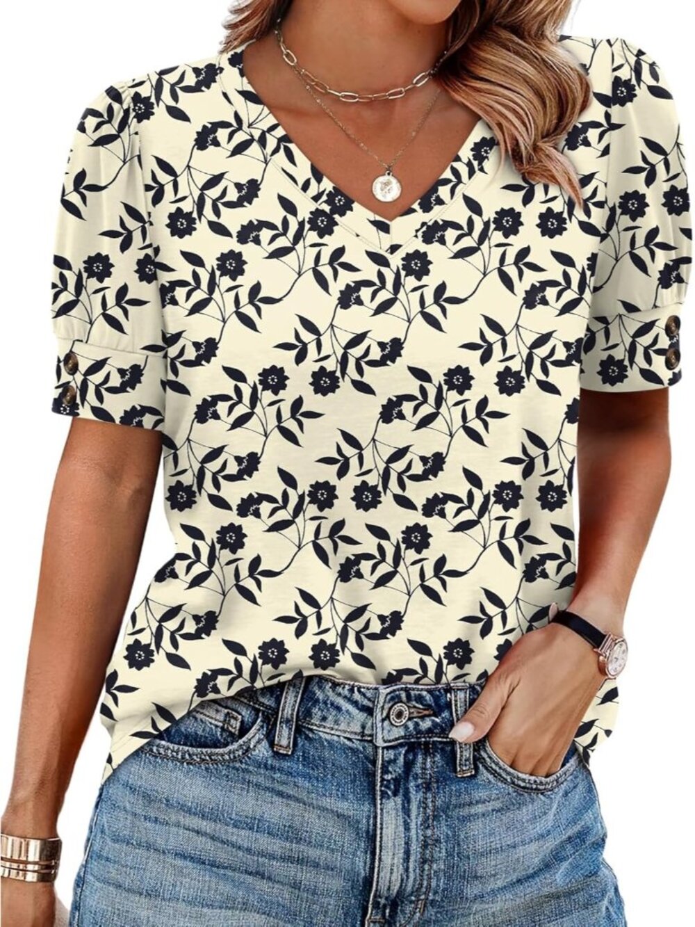 Women's Beige Floral V-neck Puff Short Sleeve Button Cuff Summer Casual Tee Top